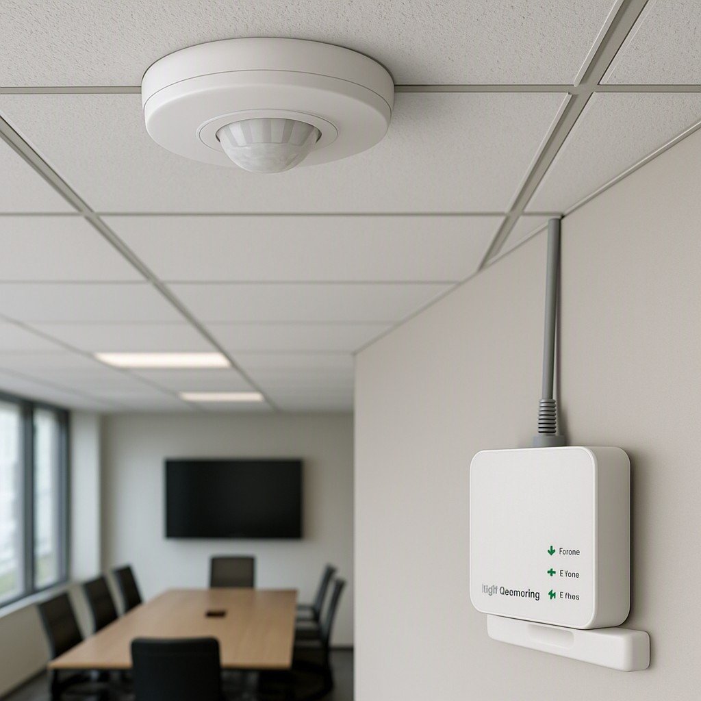 Sensor de movimiento IoT montado en techo conectado a un gateway, en una sala de reuniones corporativa