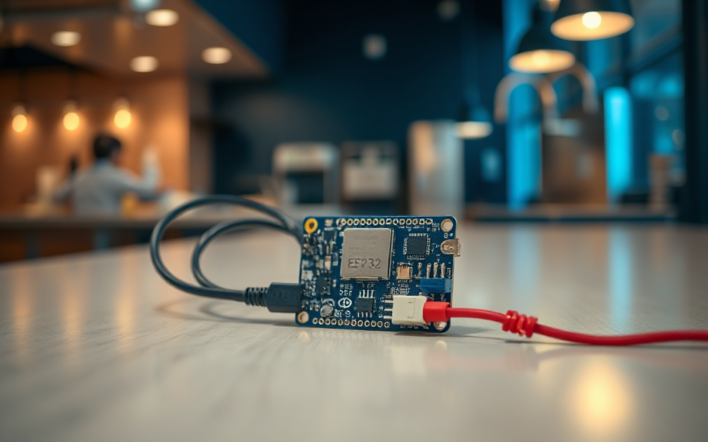 Módulo ESP32 con sensores conectado, en el contexto de un restaurante